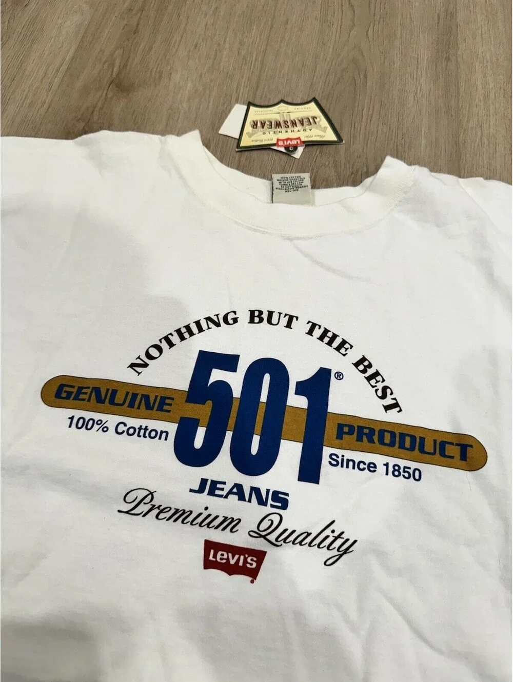 NWT VTG 90s LEVIS 501 Promo Genuine USA Made Jeans White Tee T-Shirt Mens Large